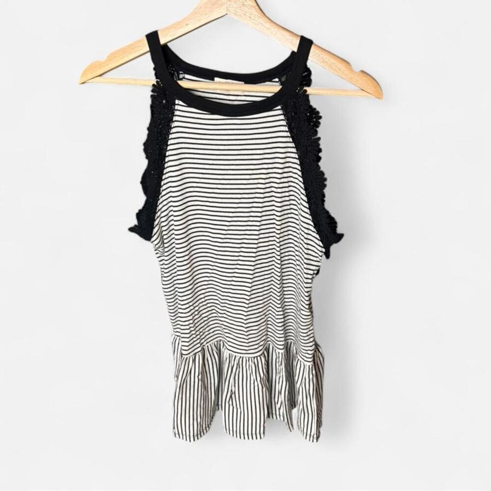 Hailey & Co Black White Striped Crochet Lace Trim Peplum Tank Top Women's Size L